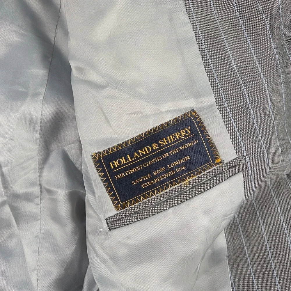 Holland & Sherry Blazer Mens 44L Grey Pinstripe Sport Coat Tom James Fil A Mano